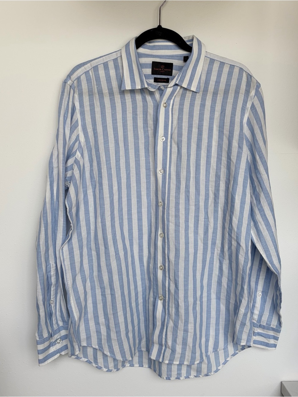 Simon Carter Blue White Striped Slim Fit Long Sleeve Button-Up Shirt Linen Large
